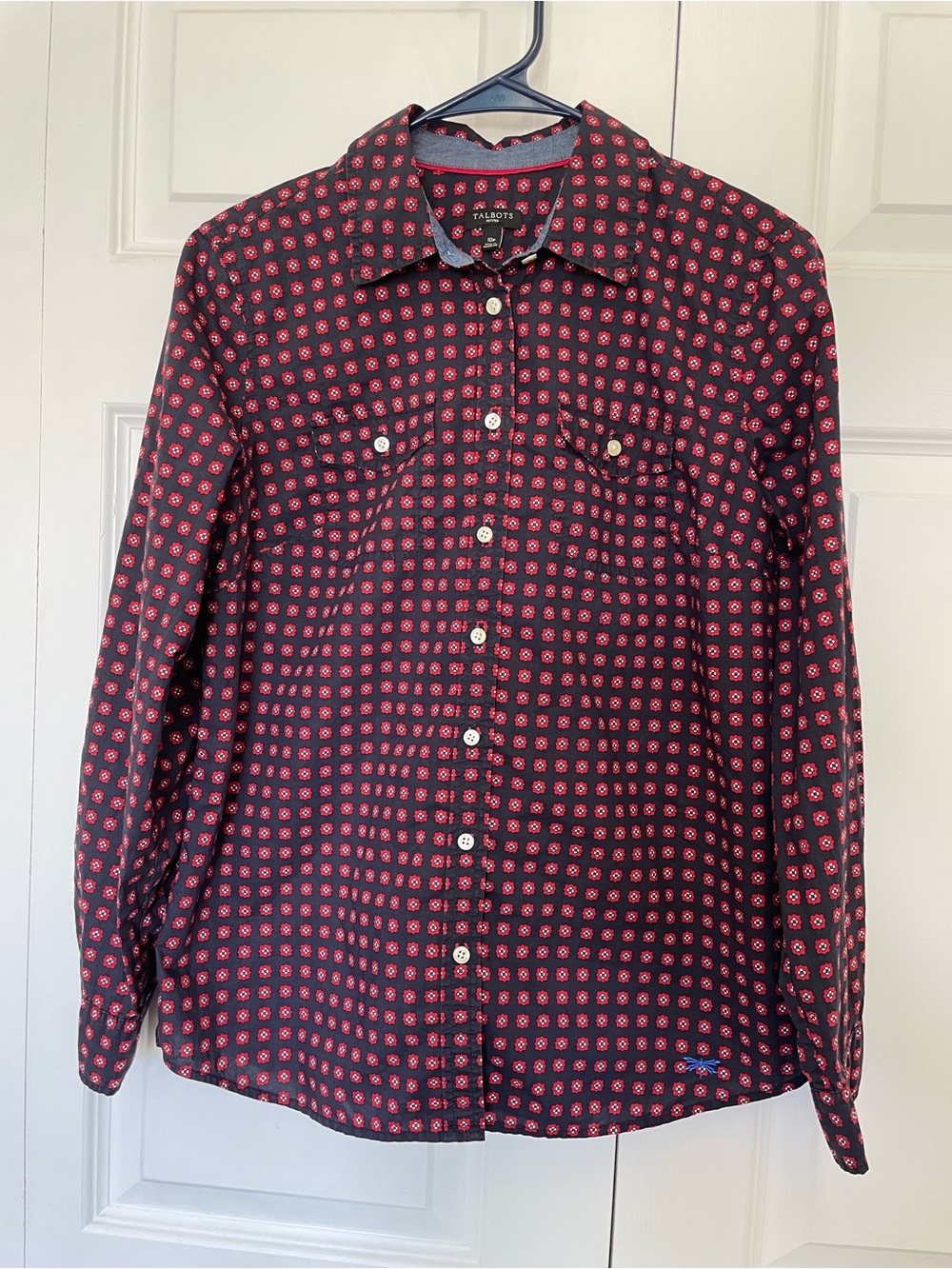 Talbots Navy Blouse with Red Floral Medallion Print